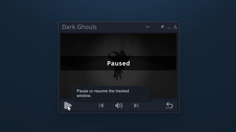 The Game in Picture overlay showing a paused single-player PC game, with pause and resume controls.