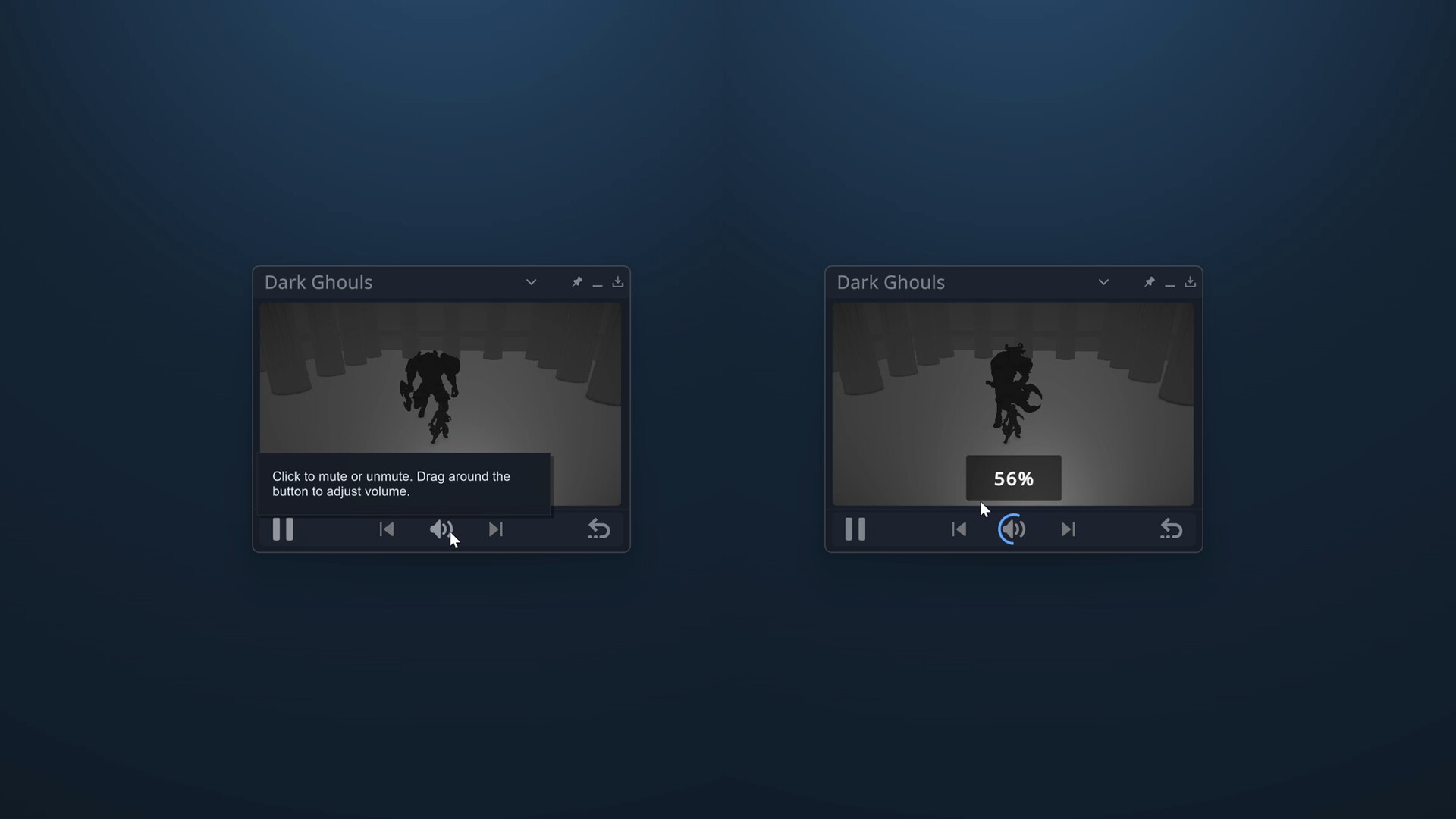 Two Game in Picture overlays showing mute and a 56 percent game volume setting.